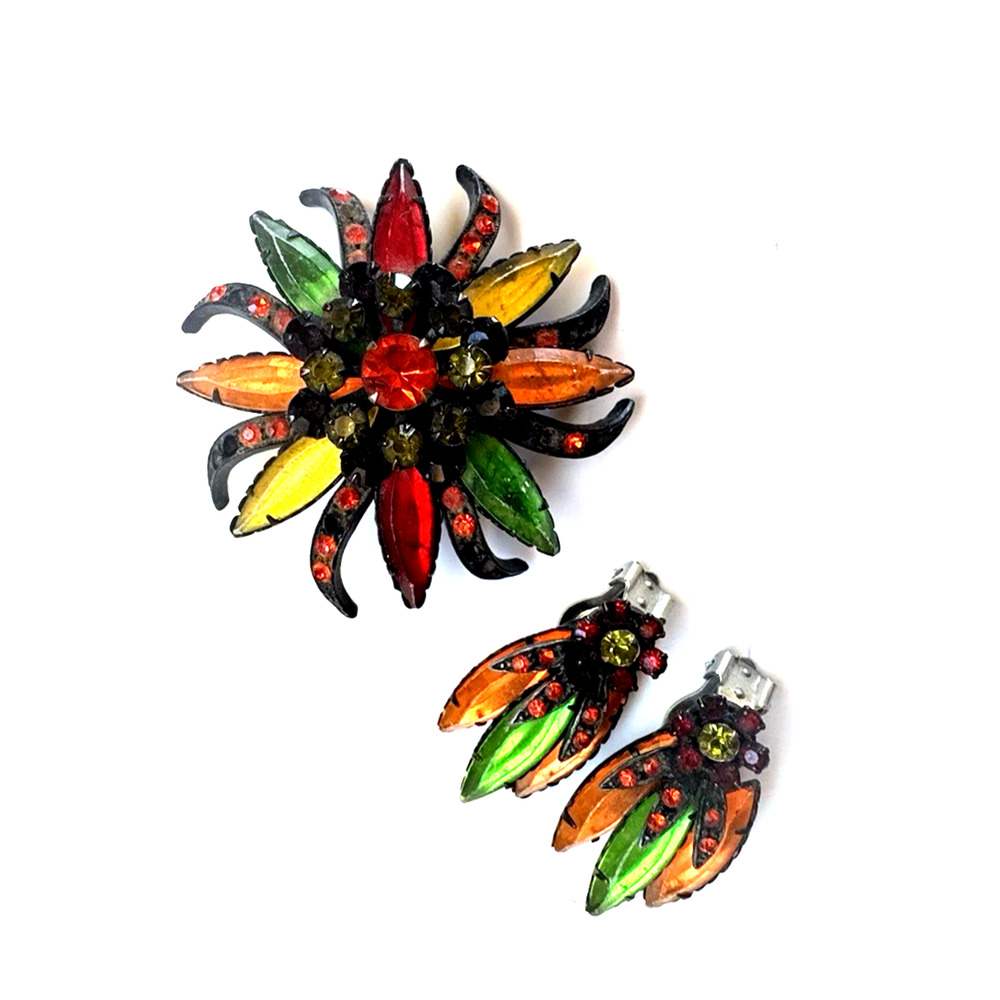 Vintage Selro/Selini Brooch & Earring Set MULTICOLORED Crystal Rhinestone MCM